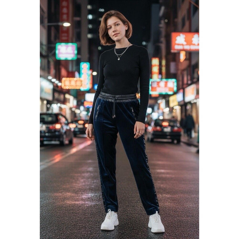 Dolce & Gabbana Women’s Sz 10 Navy Blue Velvet Jogger Track Pants Zip Hem Italy
